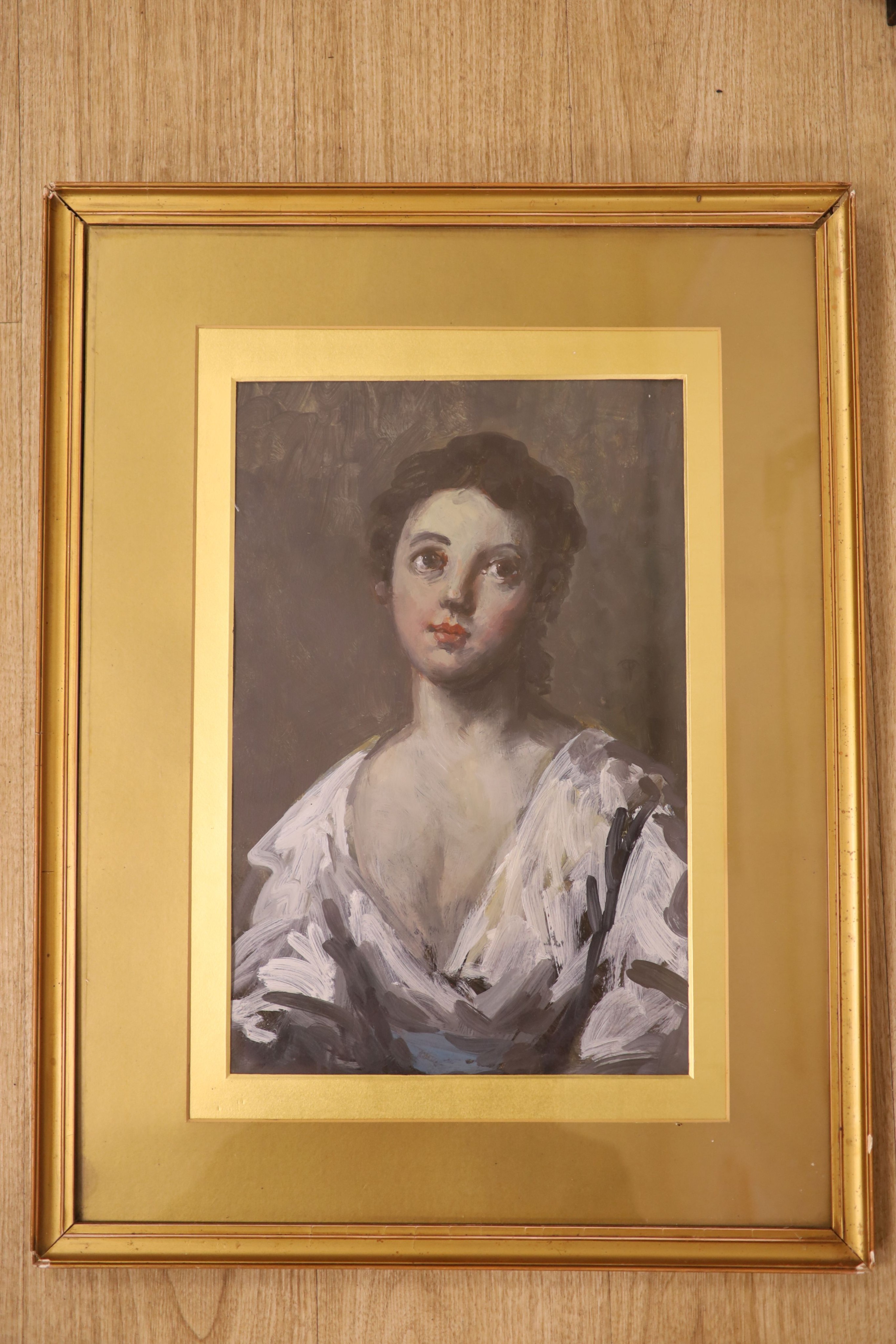 O.T.W, oil on card, Study of a young lady, monogrammed, 43 x 28cm.